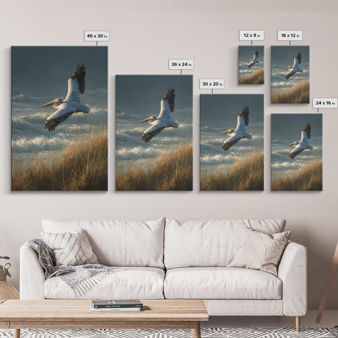 Pelican Flying over Coastal Waves Framed Canvas Print, Bird Art, Boho Decor, Living Room Decor, Abstract Art, Flight, BIR-2x3-2