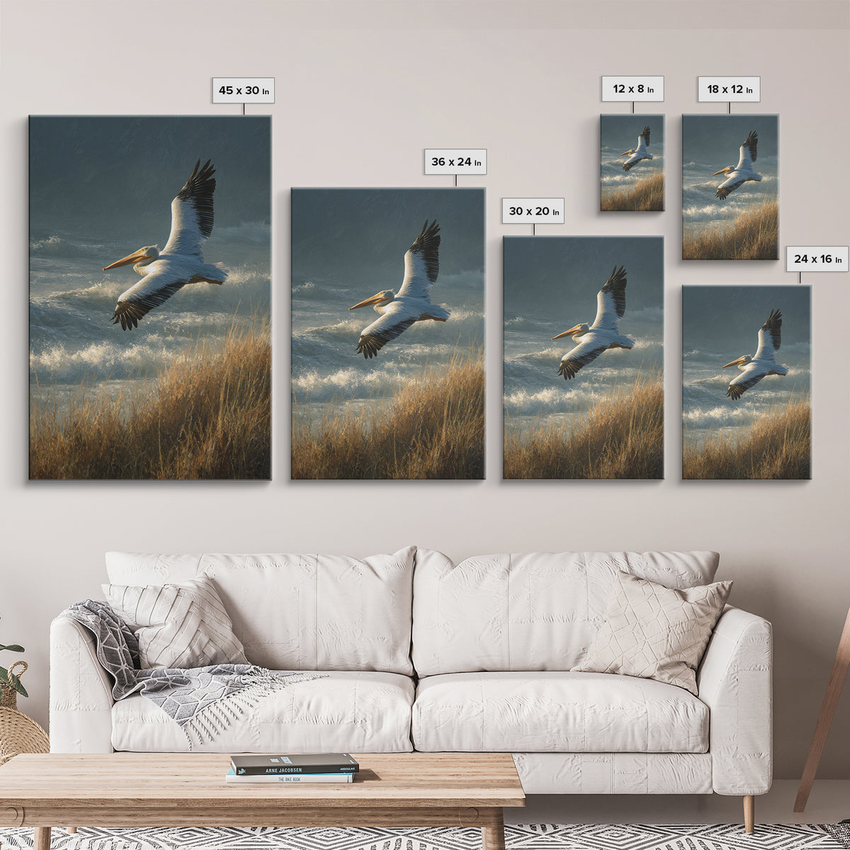 Pelican Flying over Coastal Waves Framed Canvas Print, Bird Art, Boho Decor, Living Room Decor, Abstract Art, Flight, BIR-2x3-2