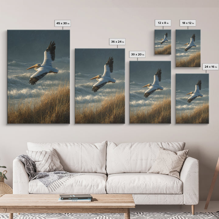 Pelican Flying over Coastal Waves Framed Canvas Print, Bird Art, Boho Decor, Living Room Decor, Abstract Art, Flight, BIR-2x3-2