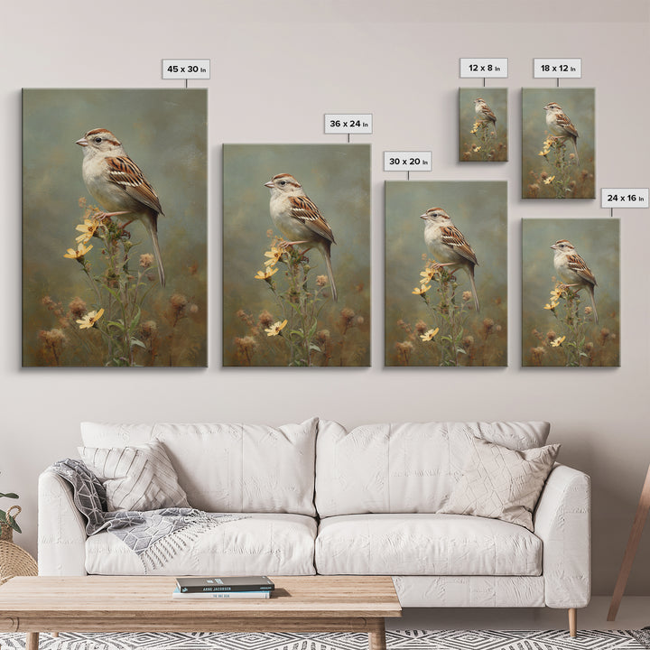 Small Sparrow on Wildflower Stem Framed Canvas Print, Bird Art, Textured Painting, Living Room Decor, Fine Art, Flight, BIR-2x3-22