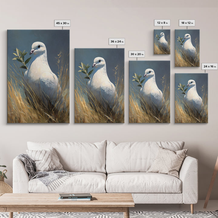 White Dove with Olive Branch and Calm Framed Canvas Print, Bird Art, Living Room Art, Living Room Decor, Watercolor Art, Flight, BIR-2x3-24