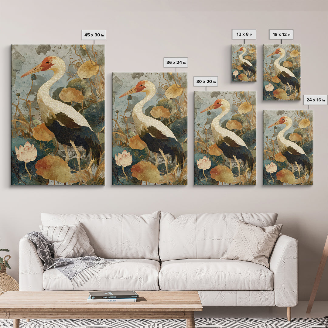 Crane and Lotus Composition Framed Canvas Print, Bird Art, Wall Art, Living Room Decor, Fine Art, Flight, Japanese Wall Art, BIR-2x3-25