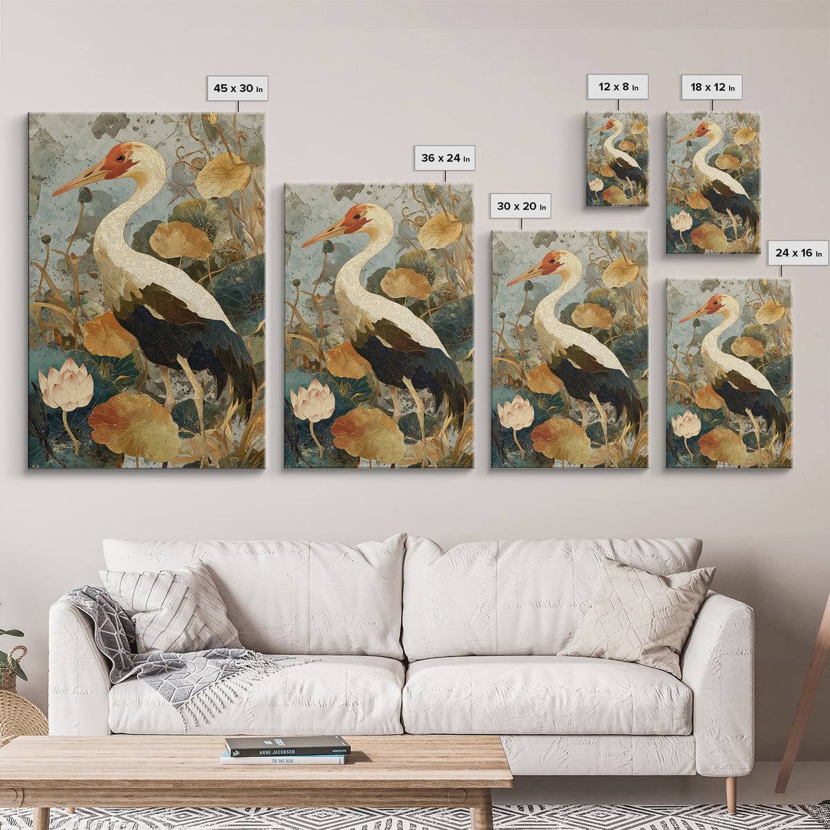 Crane and Lotus Composition Framed Canvas Print, Bird Art, Wall Art, Living Room Decor, Fine Art, Flight, Japanese Wall Art, BIR-2x3-25