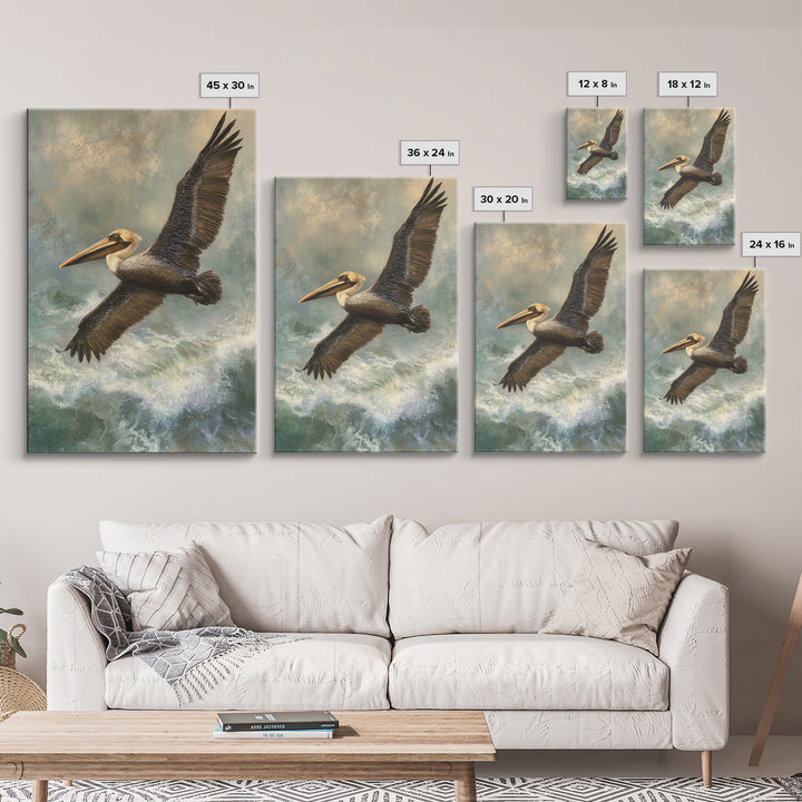 Pelican Flying over Coastal Waves Framed Canvas Print, Bird Art, Boho Decor, Living Room Decor, Abstract Art, Flight, BIR-2x3-26