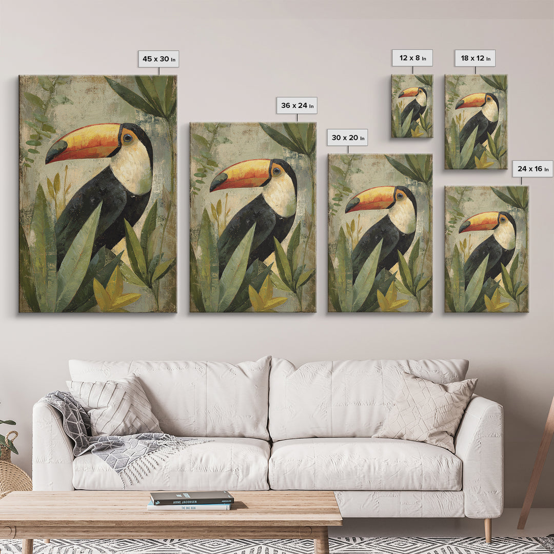 Toucan Framed by Bold Jungle Foliage Canvas Print, Bird Art, Statement Artwork, Living Room Decor, Flight, Digital Prints, BIR-2x3-31