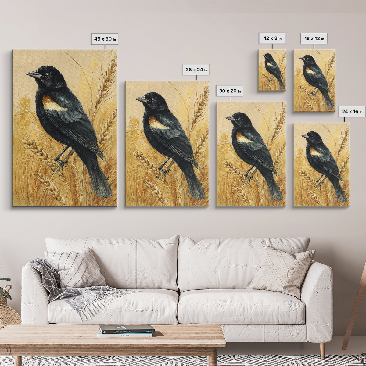 Blackbird on Gold Wheat Field Canvas Print, Bird Art, Bird Wall Art, Living Room Decor, Fine Art, Flight, Art Print, BIR-2x3-32