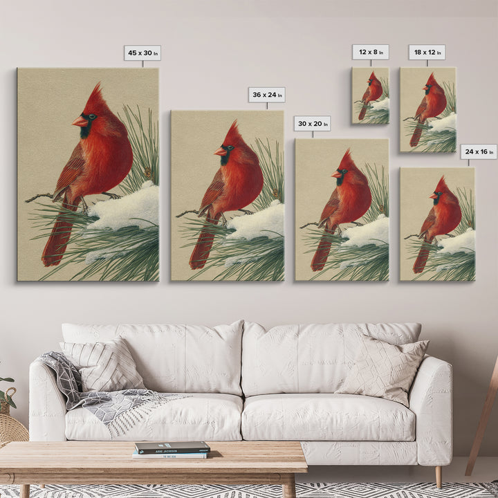 Red Cardinal on Snowy Pine Branch Framed Canvas Print, Bird Art, Digital Print, Living Room Decor, Flight, Bird Prints, BIR-2x3-33