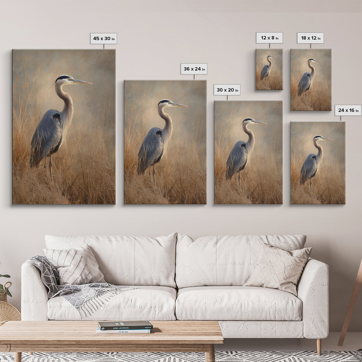Blue Heron in Misty Marsh Grass Framed Canvas Print, Bird Art, Contemporary Art, Living Room Decor, Fine Art, Flight, BIR-2x3-34