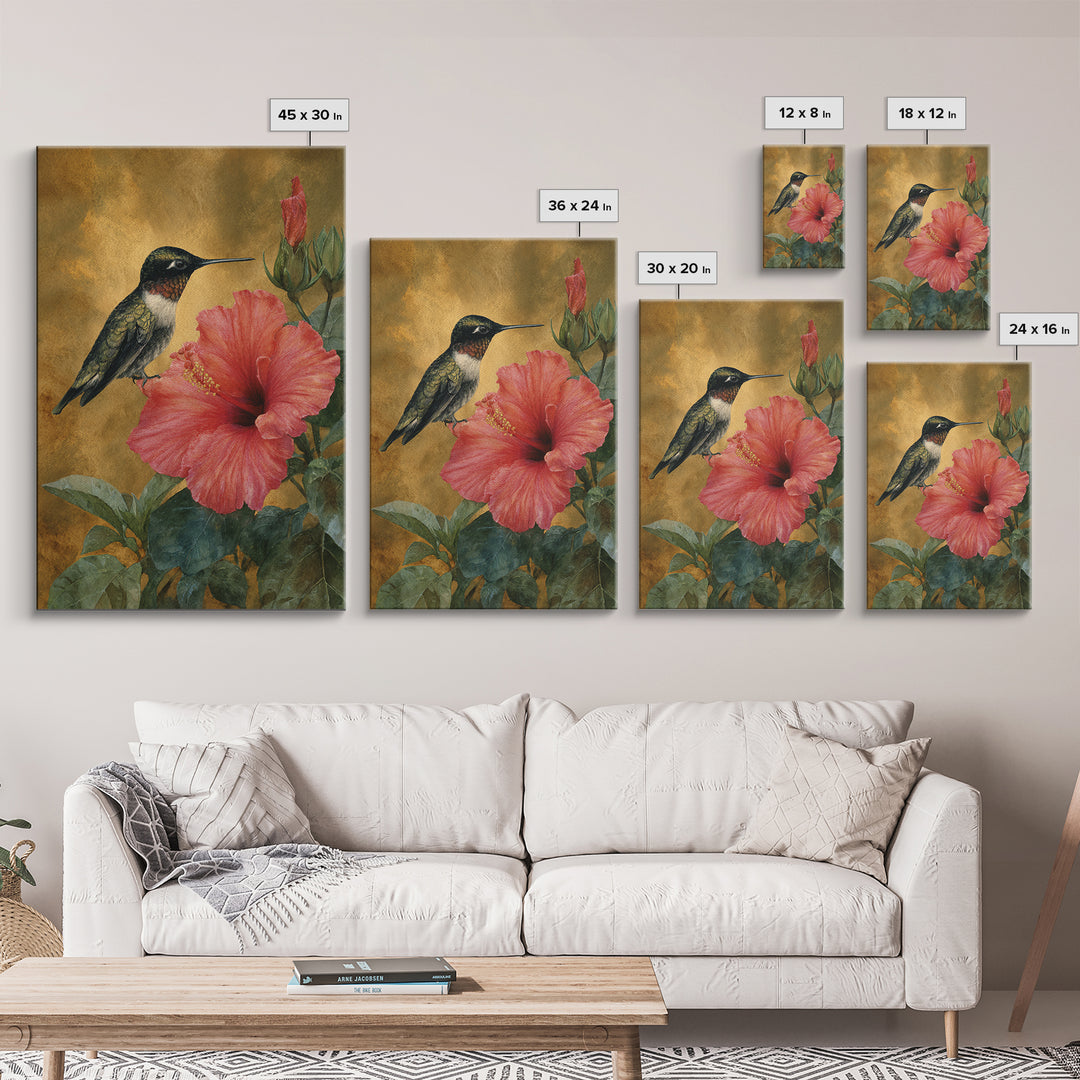 Hummingbird Hovering Beside Bright Hibiscus Canvas Print, Bird Art, Mid Century Wall Art, Living Room Decor, Flight, BIR-2x3-36