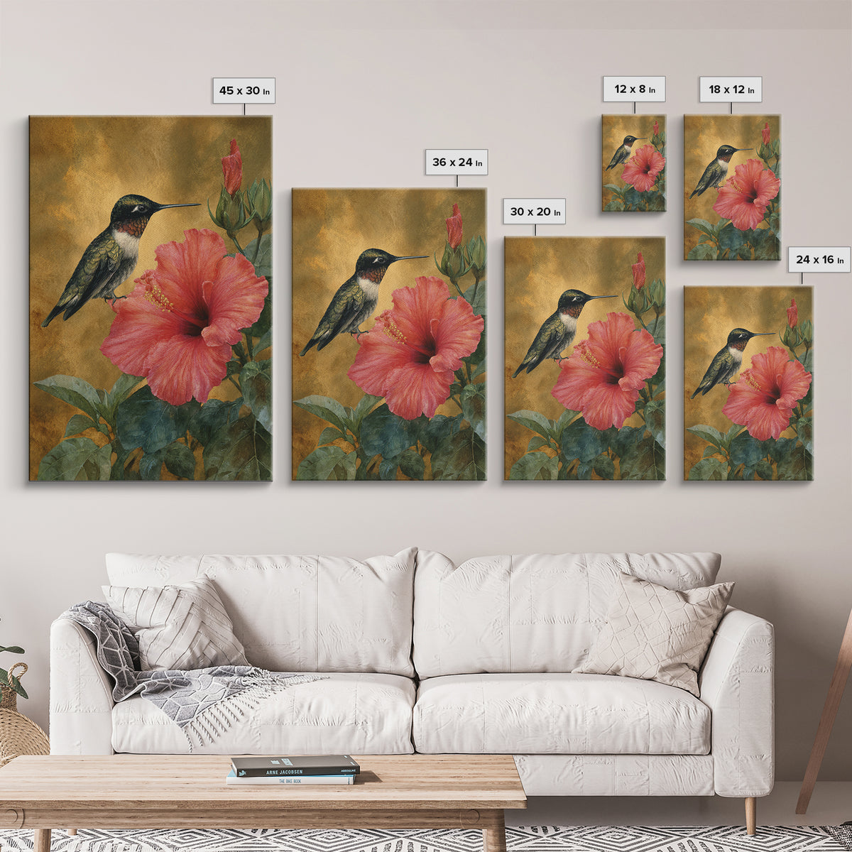 Hummingbird Hovering Beside Bright Hibiscus Canvas Print, Bird Art, Mid Century Wall Art, Living Room Decor, Flight, BIR-2x3-36