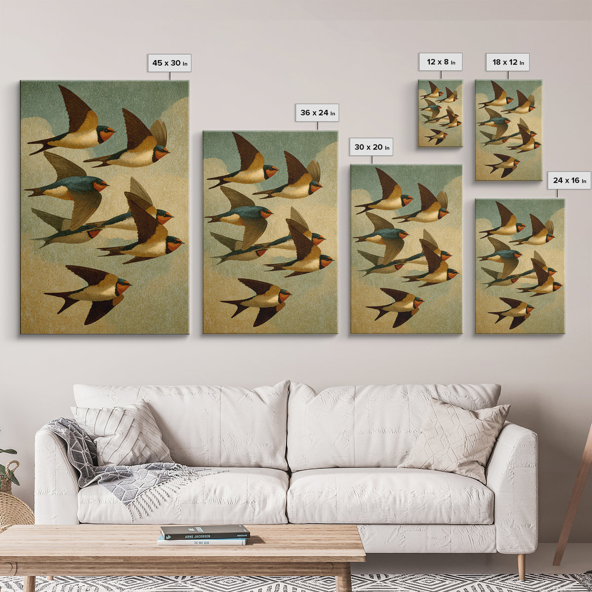 Flock of Swallows Sweeping Across Open Sky Framed Canvas Print, Bird Art, Wall Art, Living Room Decor, Fine Art, Flight, BIR-2x3-38