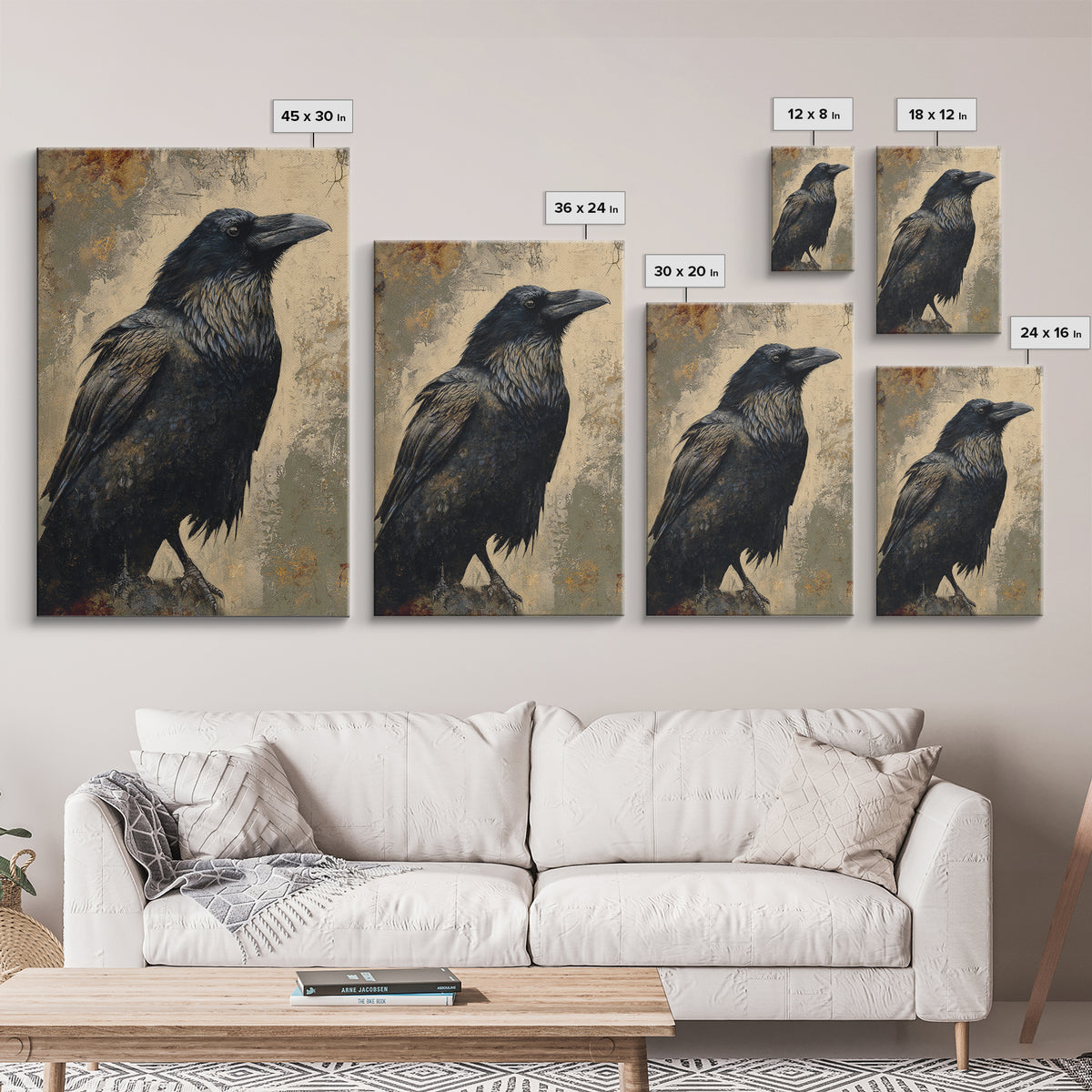 Raven Silhouette with Gothic Atmosphere Framed Canvas Print, Bird Art, Living Room Decor, Abstract Art, Flight, BIR-2x3-41