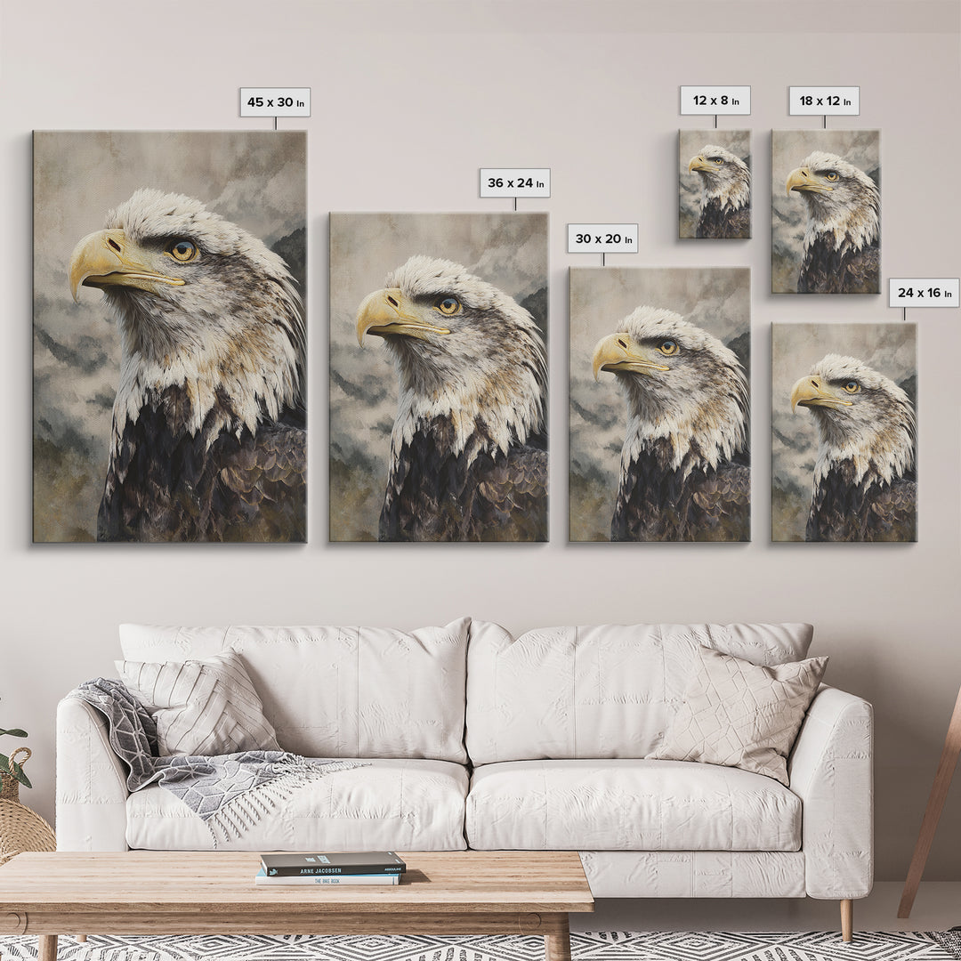 Eagle Portrait with Dramatic Mountain Wind Framed Canvas Print, Bird Art, Floral Art, Living Room Decor, Fine Art, Flight, BIR-2x3-44