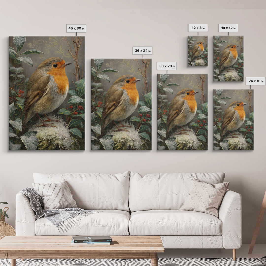 Robin in a Spring Garden with Soft Framed Canvas Print, Bird Art, Wall Art, Living Room Decor, Flight, Japanese Wall Art, BIR-2x3-47