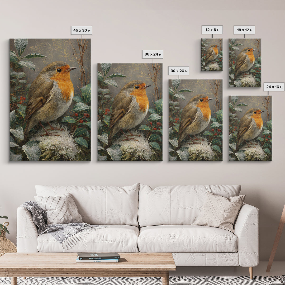 Robin in a Spring Garden with Soft Framed Canvas Print, Bird Art, Wall Art, Living Room Decor, Flight, Japanese Wall Art, BIR-2x3-47