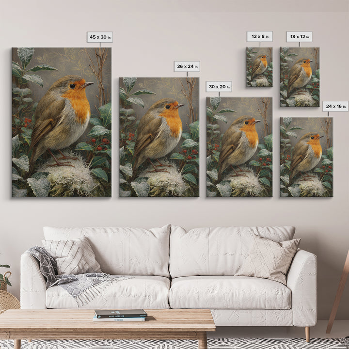 Robin in a Spring Garden with Soft Framed Canvas Print, Bird Art, Wall Art, Living Room Decor, Flight, Japanese Wall Art, BIR-2x3-47