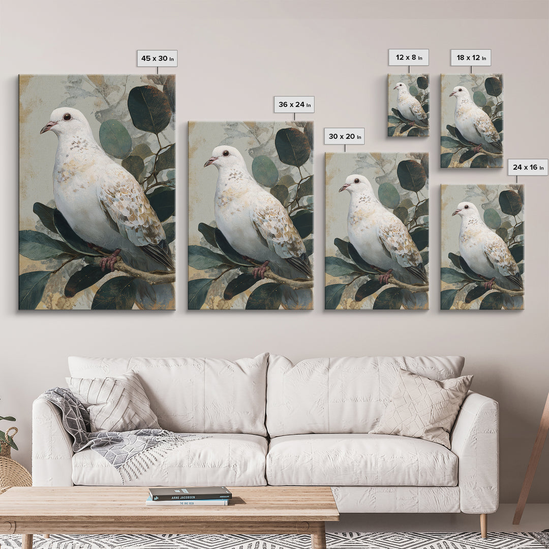 White Dove with Olive Branch and Calm Framed Canvas Print, Bird Art, Boho Decor, Living Room Decor, Fine Art, Flight, BIR-2x3-48