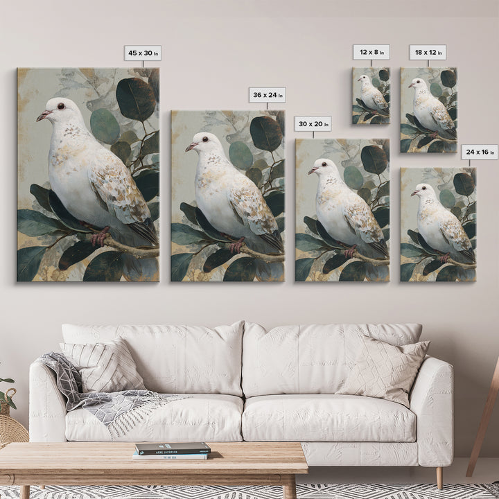 White Dove with Olive Branch and Calm Framed Canvas Print, Bird Art, Boho Decor, Living Room Decor, Fine Art, Flight, BIR-2x3-48
