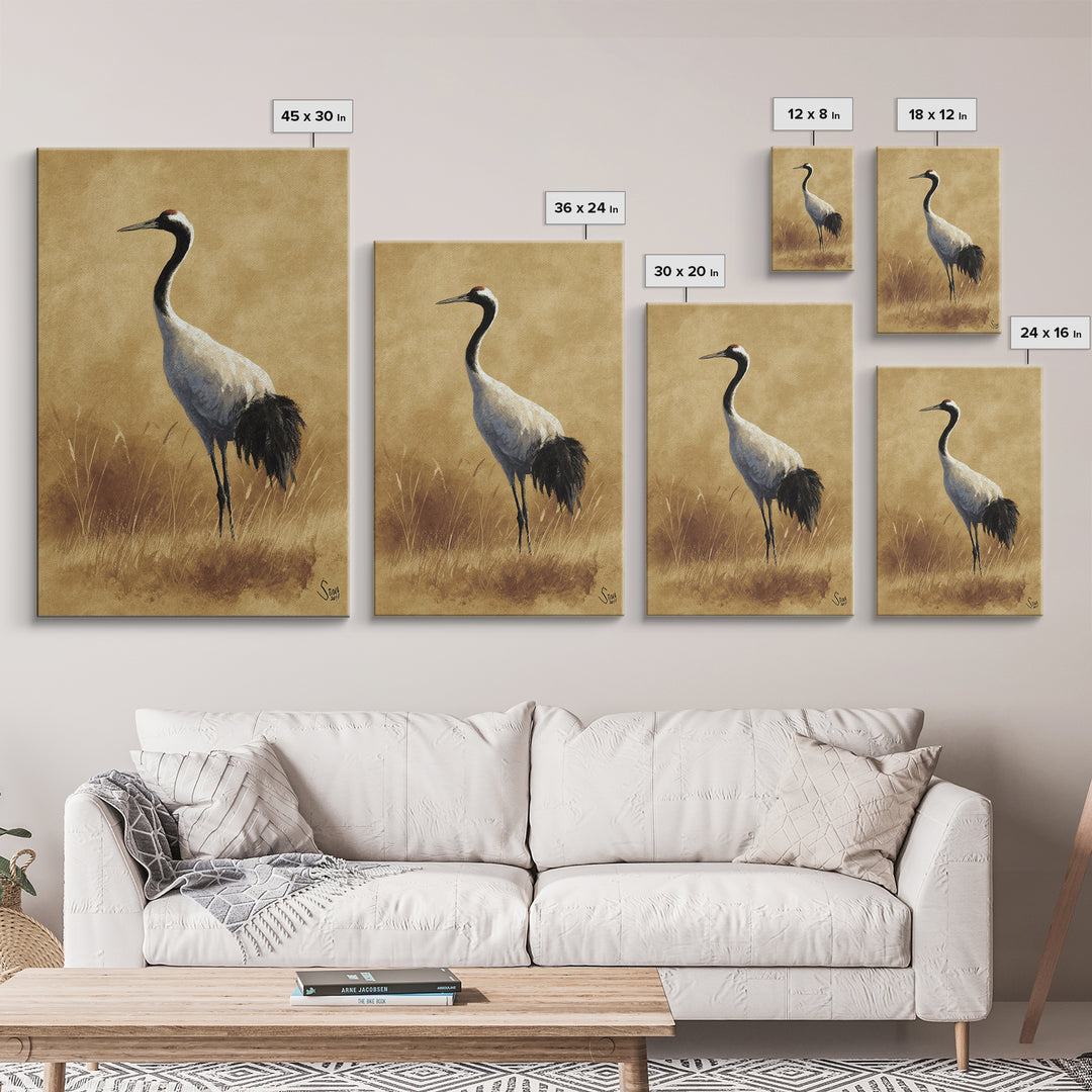 Crane and Lotus Composition Canvas Print, Bird Art, Art Deco, Living Room Decor, Fine Art, Flight, Gallery Wall, Mcm Decor, BIR-2x3-49