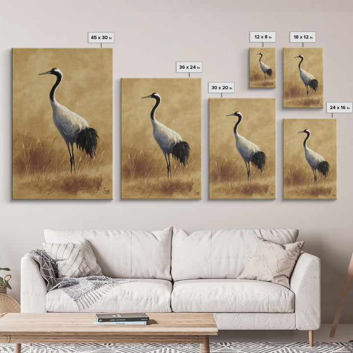 Crane and Lotus Composition Canvas Print, Bird Art, Art Deco, Living Room Decor, Fine Art, Flight, Gallery Wall, Mcm Decor, BIR-2x3-49
