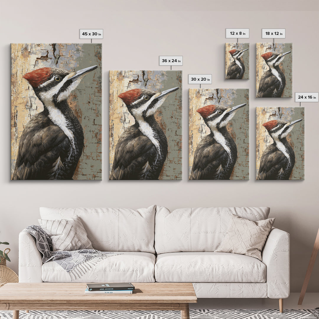 Woodpecker on Birch Bark Texture Framed Canvas Print, Bird Art, Original Art, Living Room Decor, Oil Painting, Flight, BIR-2x3-53
