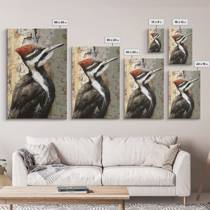 Woodpecker on Birch Bark Texture Framed Canvas Print, Bird Art, Original Art, Living Room Decor, Oil Painting, Flight, BIR-2x3-53