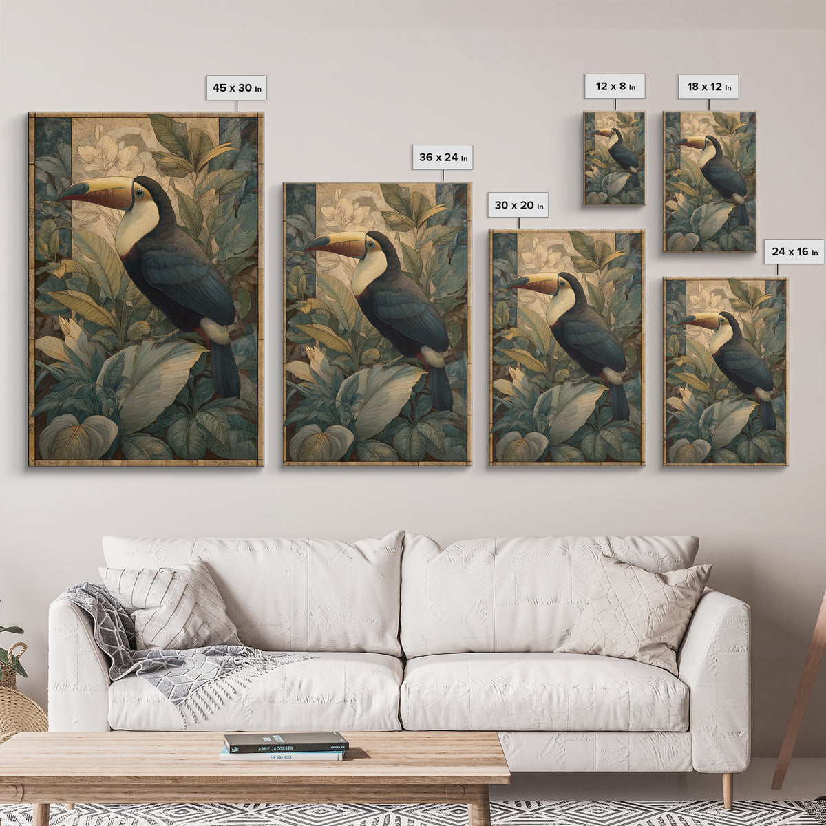 Toucan Framed by Bold Jungle Foliage Framed Canvas Print, Bird Art, Textured Painting, Living Room Decor, Fine Art, Flight, BIR-2x3-55