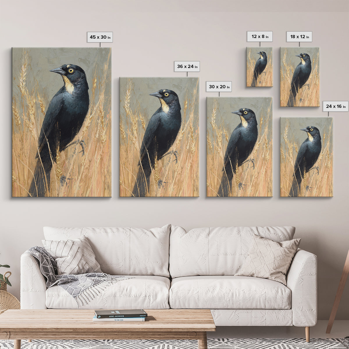 Blackbird on Gold Wheat Field Framed Canvas Print, Bird Art, Neutral Decor, Living Room Decor, Abstract Art, Flight, Wall Art, BIR-2x3-56