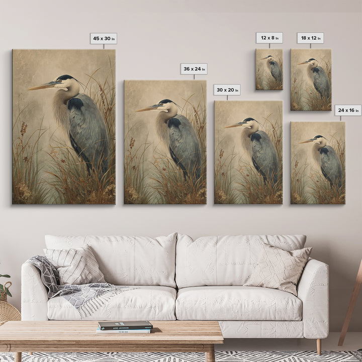 Blue Heron in Misty Marsh Grass Canvas Print, Bird Art, Mid Century Modern, Living Room Decor, Flight, Botanical Wall Art, BIR-2x3-58