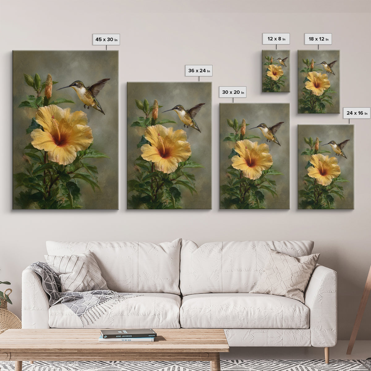 Hummingbird Hovering Beside Bright Hibiscus Framed Canvas Print, Bird Art, Wall Art, Living Room Decor, Fine Art, Flight, BIR-2x3-60