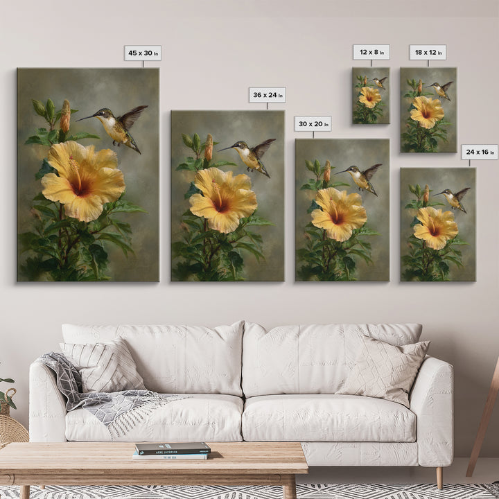 Hummingbird Hovering Beside Bright Hibiscus Framed Canvas Print, Bird Art, Wall Art, Living Room Decor, Fine Art, Flight, BIR-2x3-60