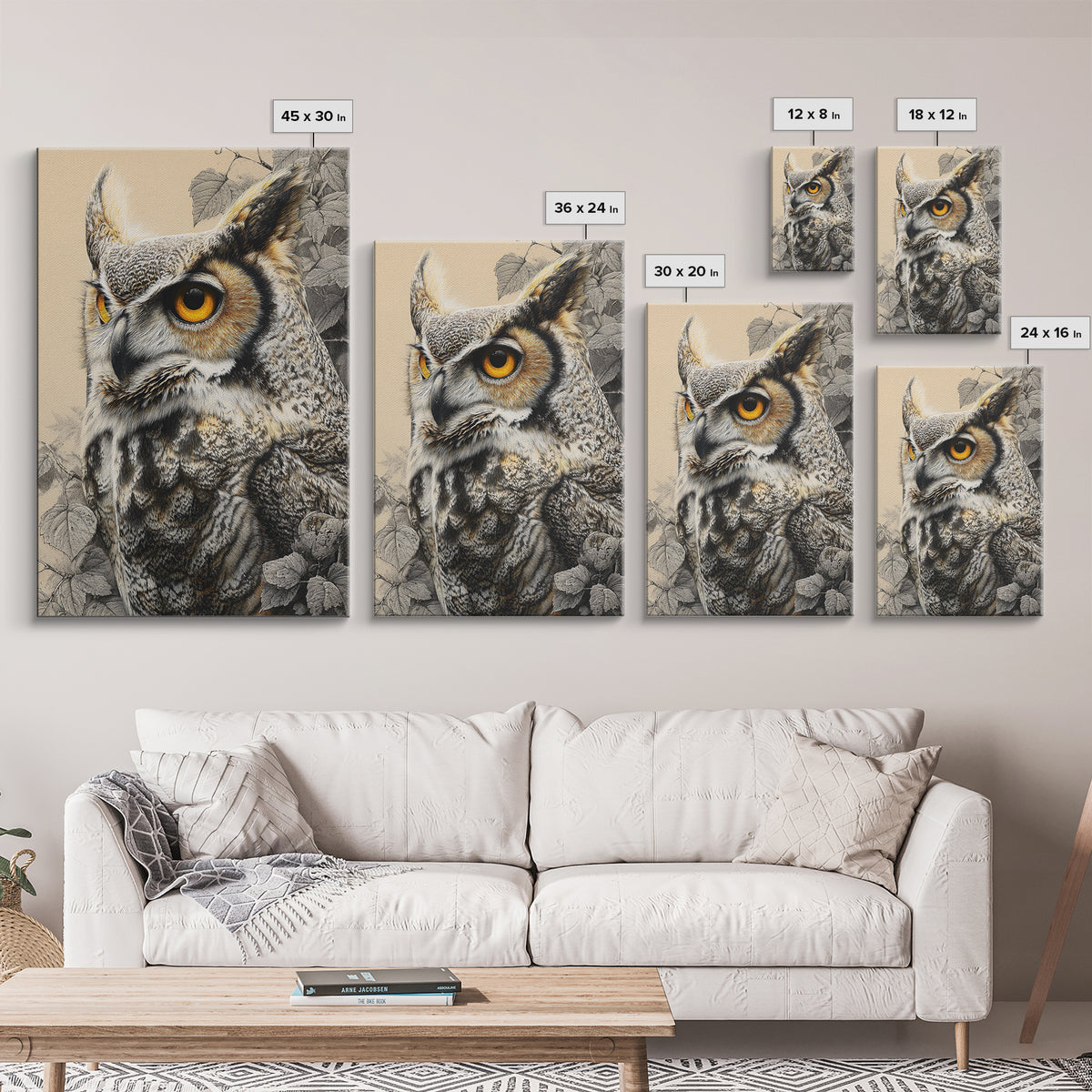 Owl Portrait with Wise Golden Eyes Canvas Print, Bird Art, Printable Art, Living Room Decor, Flight, Mid Century Wall Art, BIR-2x3-61