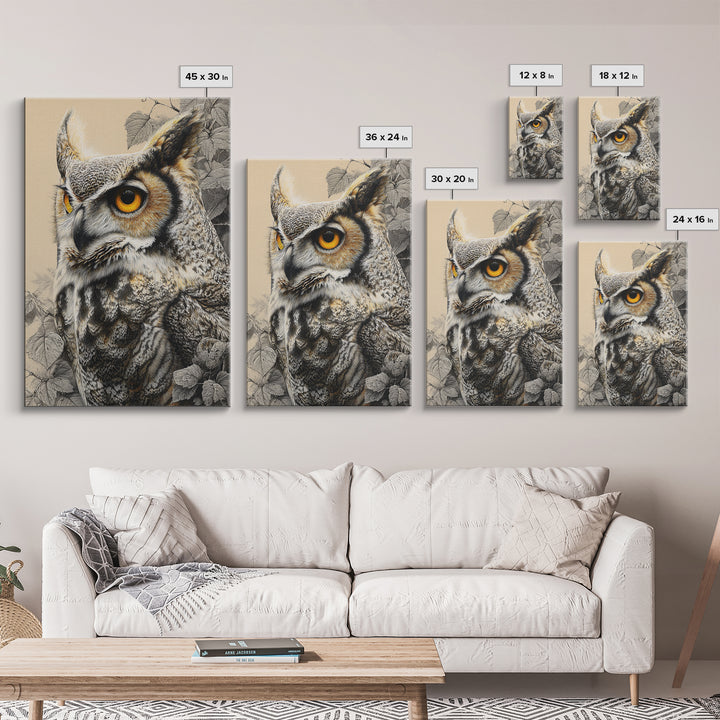 Owl Portrait with Wise Golden Eyes Canvas Print, Bird Art, Printable Art, Living Room Decor, Flight, Mid Century Wall Art, BIR-2x3-61