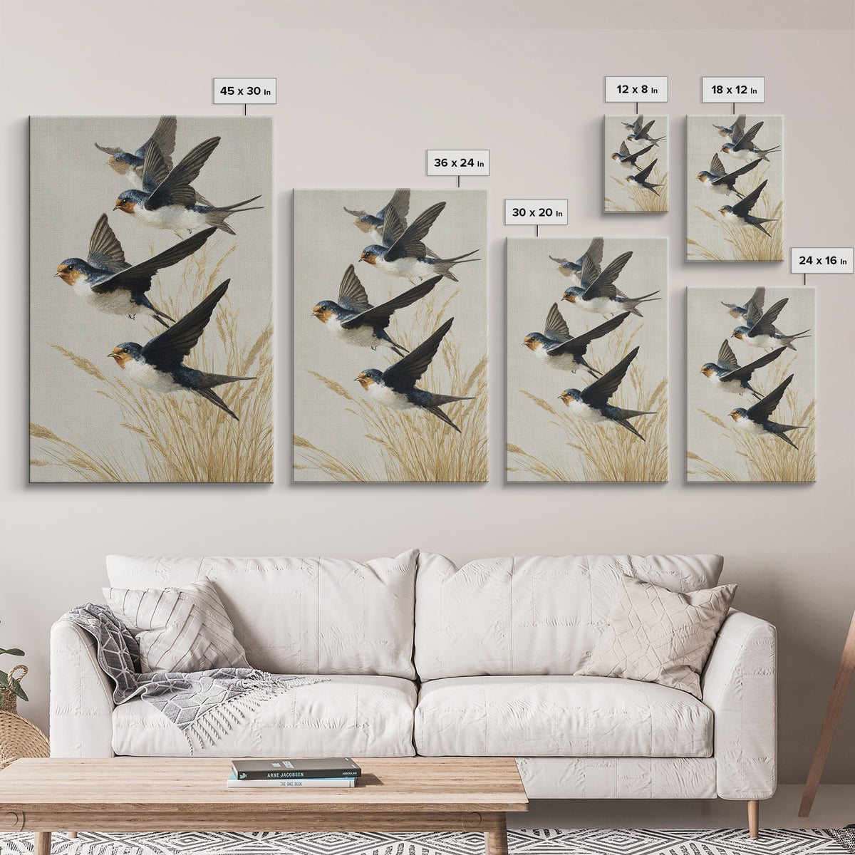 Flock of Swallows Sweeping Across Open Sky Canvas Print, Bird Art, Art Deco, Living Room Decor, Abstract Art, Flight, BIR-2x3-62
