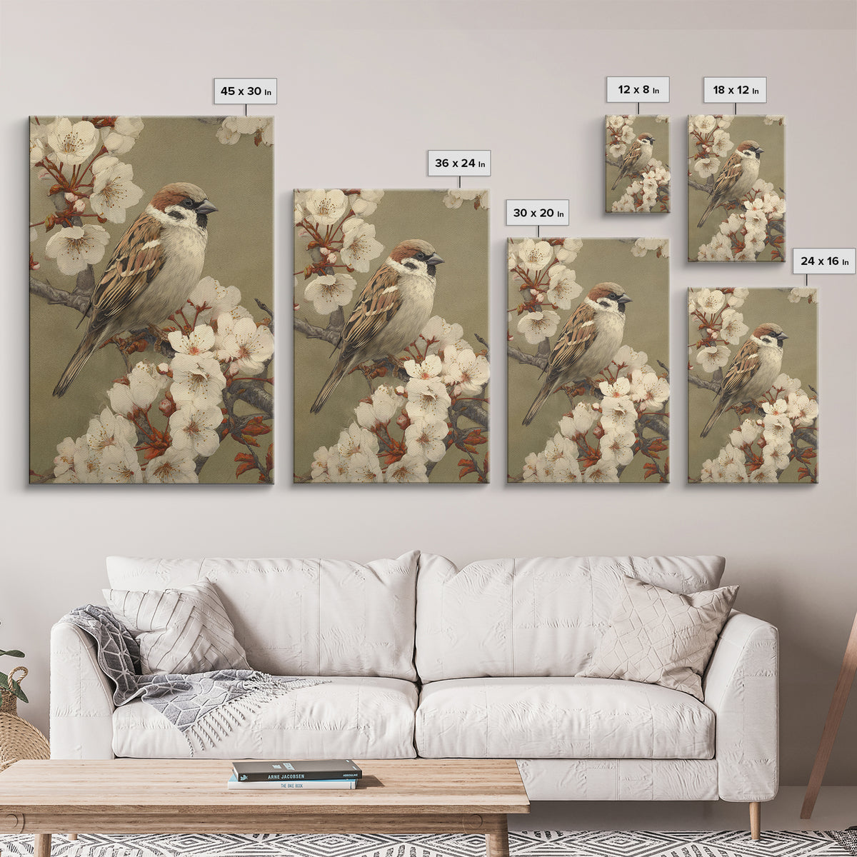 Songbird Perched on Cherry Blossoms Framed Canvas Print, Bird Art, Room Decor, Living Room Decor, Fine Art, Flight, BIR-2x3-64