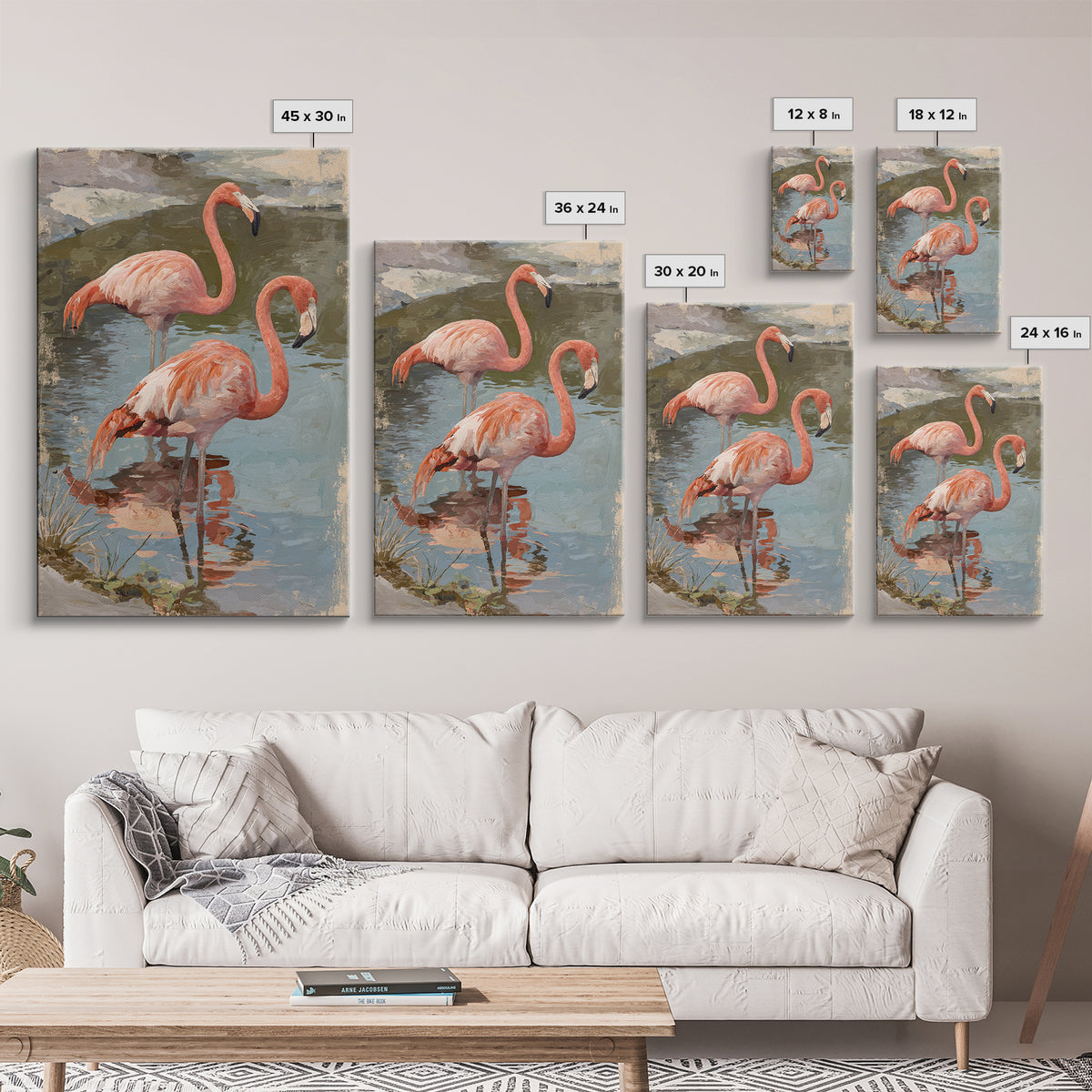 Flamingo Pair in Coral Water Reflections Canvas Print, Bird Art, Home Decor, Living Room Decor, Oil Painting, Flight, BIR-2x3-66