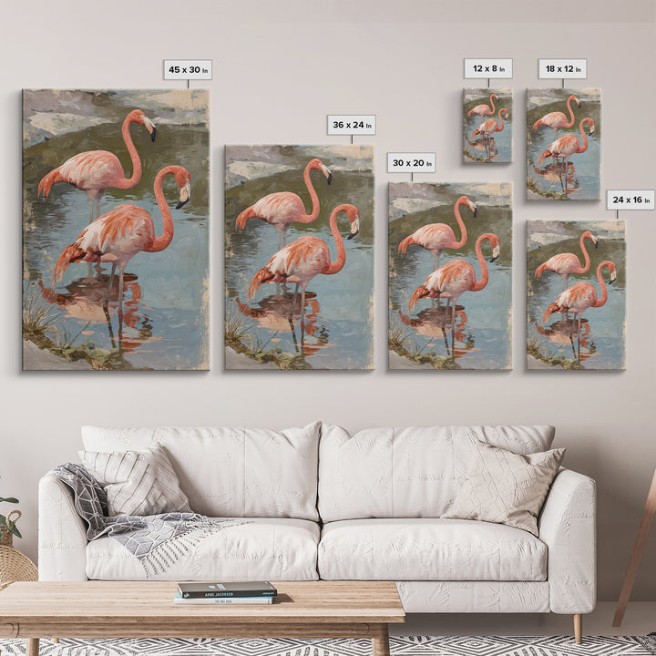 Flamingo Pair in Coral Water Reflections Canvas Print, Bird Art, Home Decor, Living Room Decor, Oil Painting, Flight, BIR-2x3-66