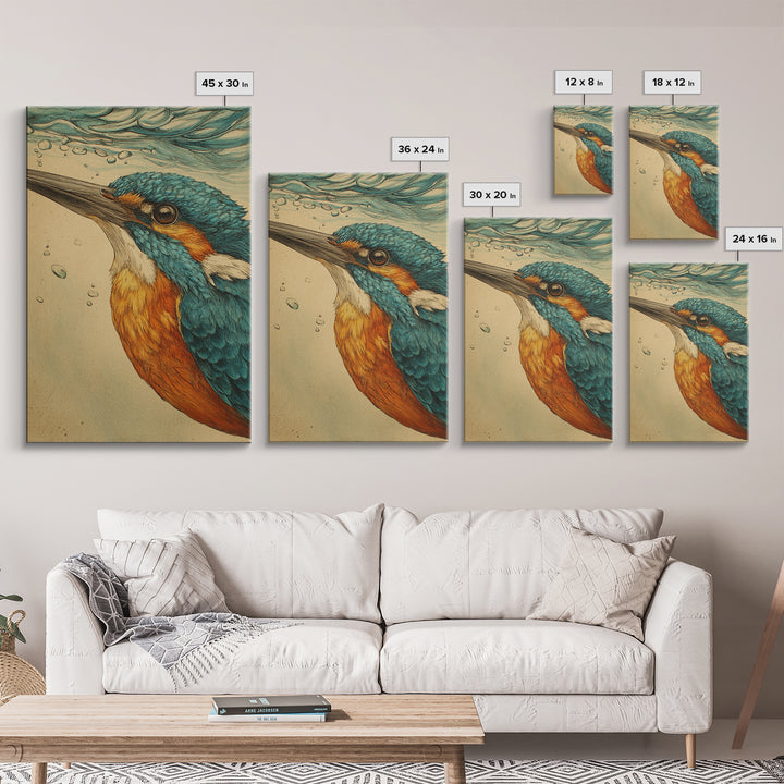 Kingfisher Diving Toward Blue Water Canvas Print, Bird Art, Mid Century Modern, Living Room Decor, Flight, Botanical Wall Art, BIR-2x3-67