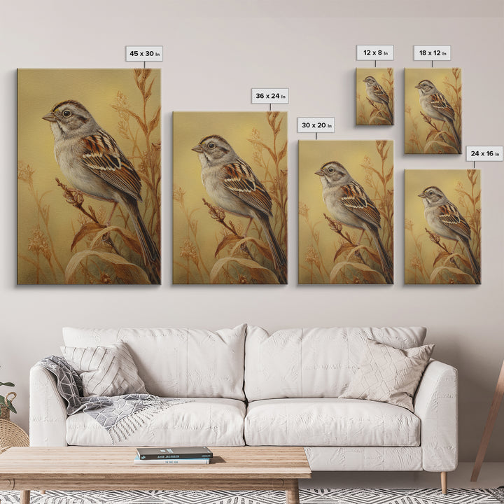 Small Sparrow on Wildflower Stem Canvas Print, Bird Art, Wall Decor, Living Room Decor, Oil Painting, Flight, Boho Wall Decor, BIR-2x3-70