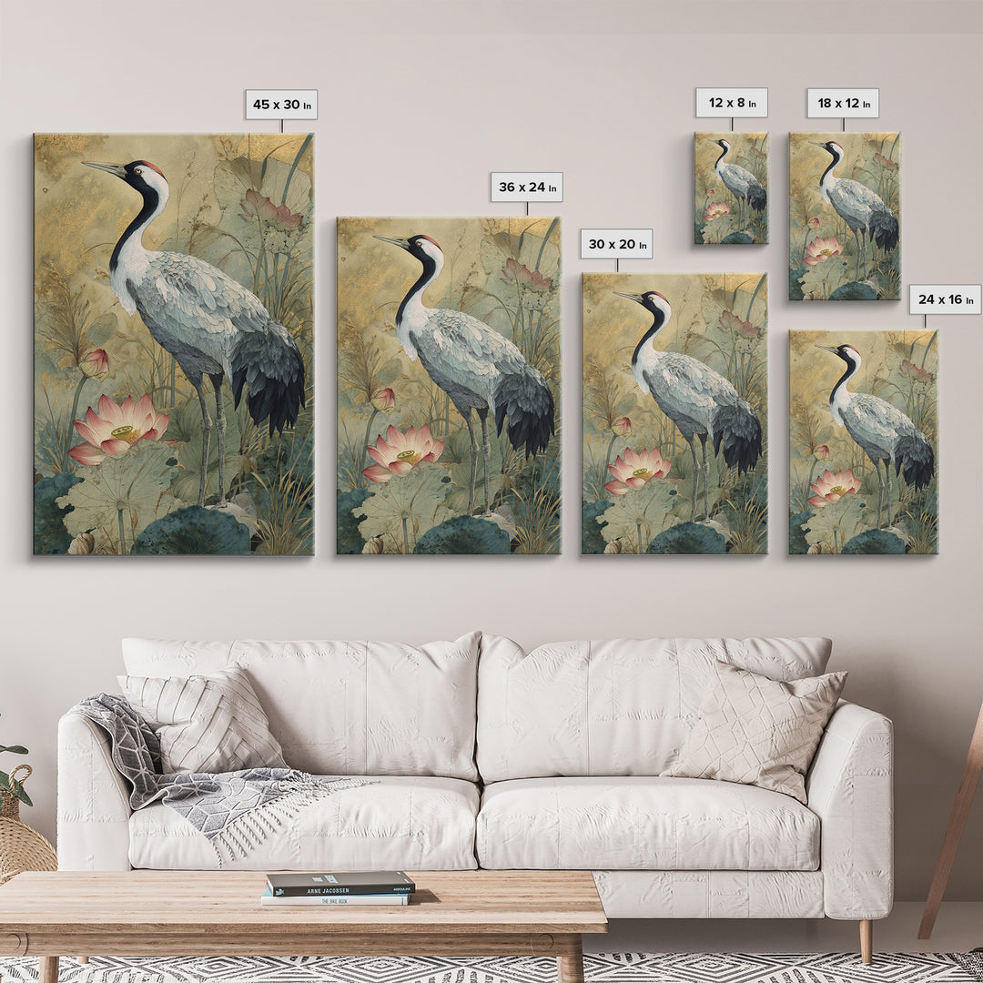 Crane and Lotus Composition Framed Canvas Print, Bird Art, Watercolor Painting, Living Room Decor, Flight, Living Room Art, BIR-2x3-73