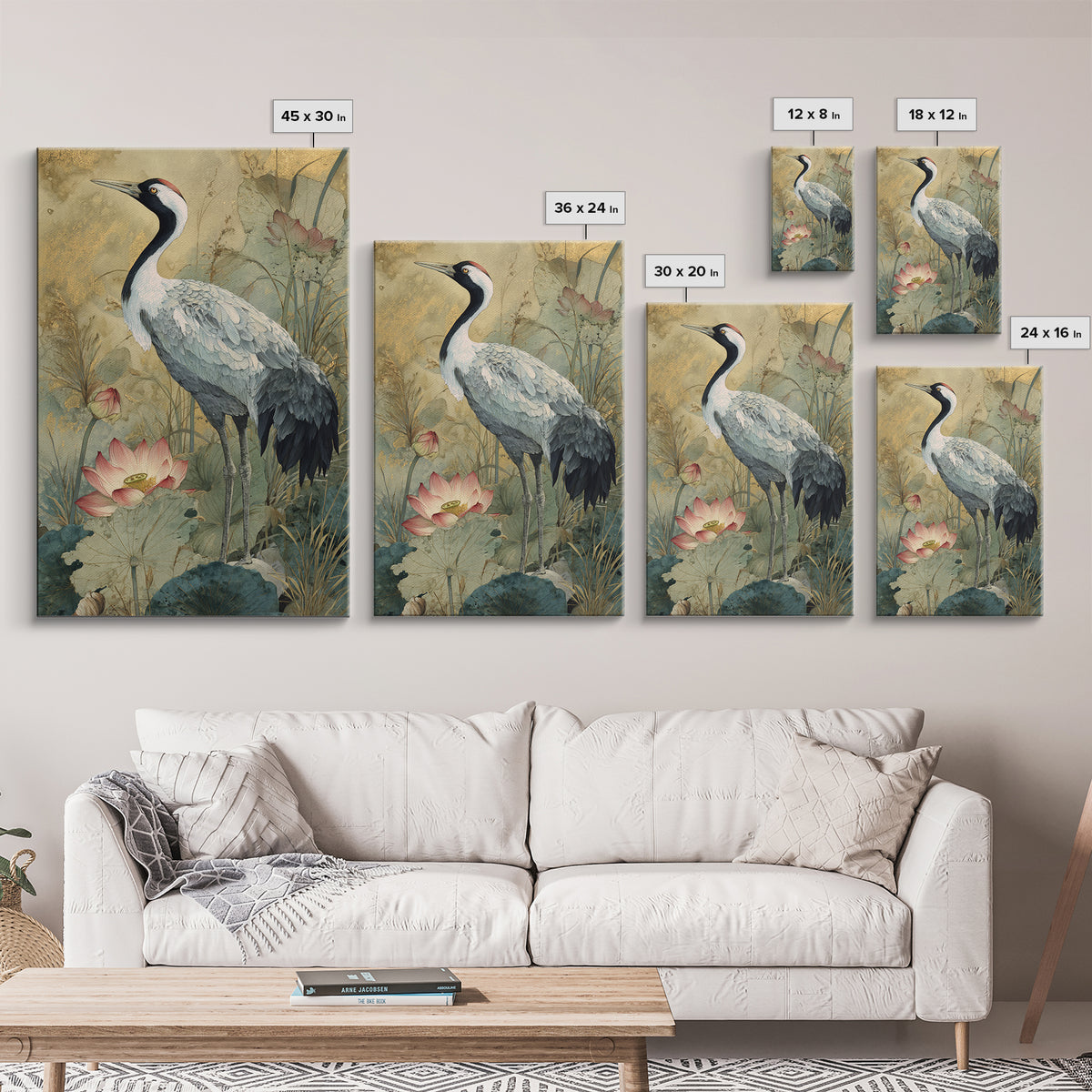 Crane and Lotus Composition Framed Canvas Print, Bird Art, Watercolor Painting, Living Room Decor, Flight, Living Room Art, BIR-2x3-73