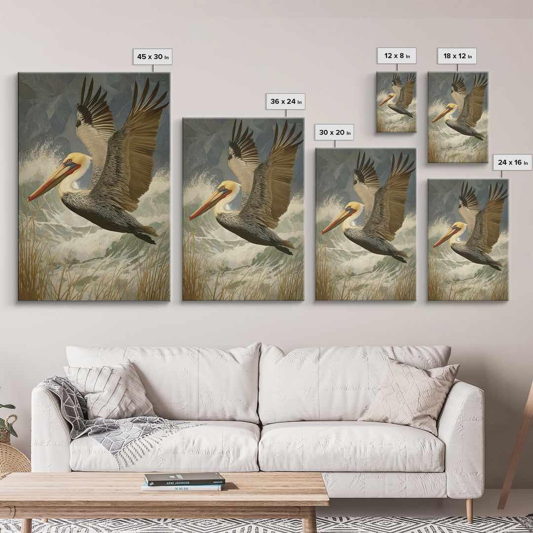 Pelican Flying over Coastal Waves Framed Canvas Print, Bird Art, Digital Prints, Living Room Decor, Watercolor Art, Flight, BIR-2x3-74