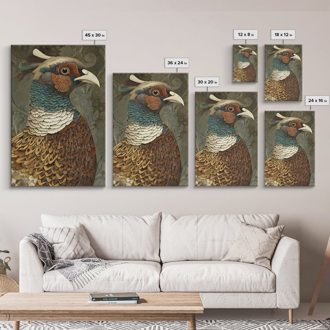 Pheasant with Ornate Feather Details Framed Canvas Print, Bird Art, Original Art, Living Room Decor, Fine Art, Flight, BIR-2x3-75