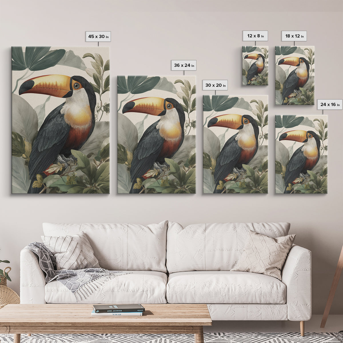 Toucan Framed by Bold Jungle Foliage Canvas Print, Bird Art, Wall Decor, Living Room Decor, Fine Art, Flight, Boho Wall Decor, BIR-2x3-79