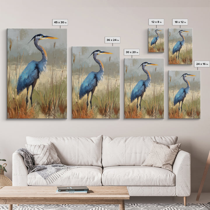 Blue Heron in Misty Marsh Grass Canvas Print, Bird Art, Mid Century Modern, Living Room Decor, Flight, Botanical Wall Art, BIR-2x3-82