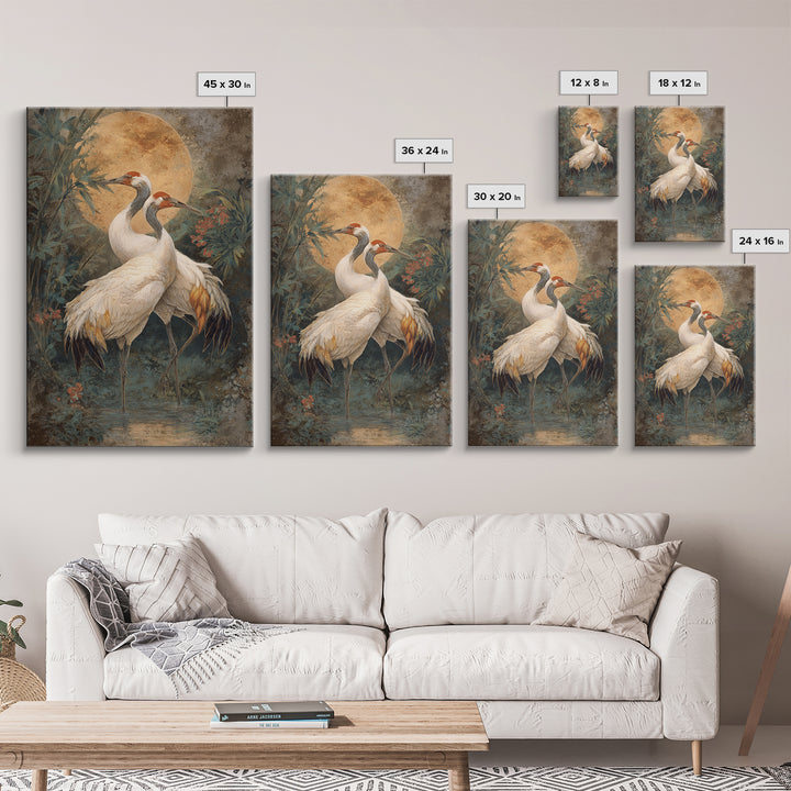 Pair of Cranes Dancing Framed Canvas Print, Bird Art, Boho Wall Decor, Living Room Decor, Abstract Art, Flight, Nature Wall Art, BIR-2x3-83