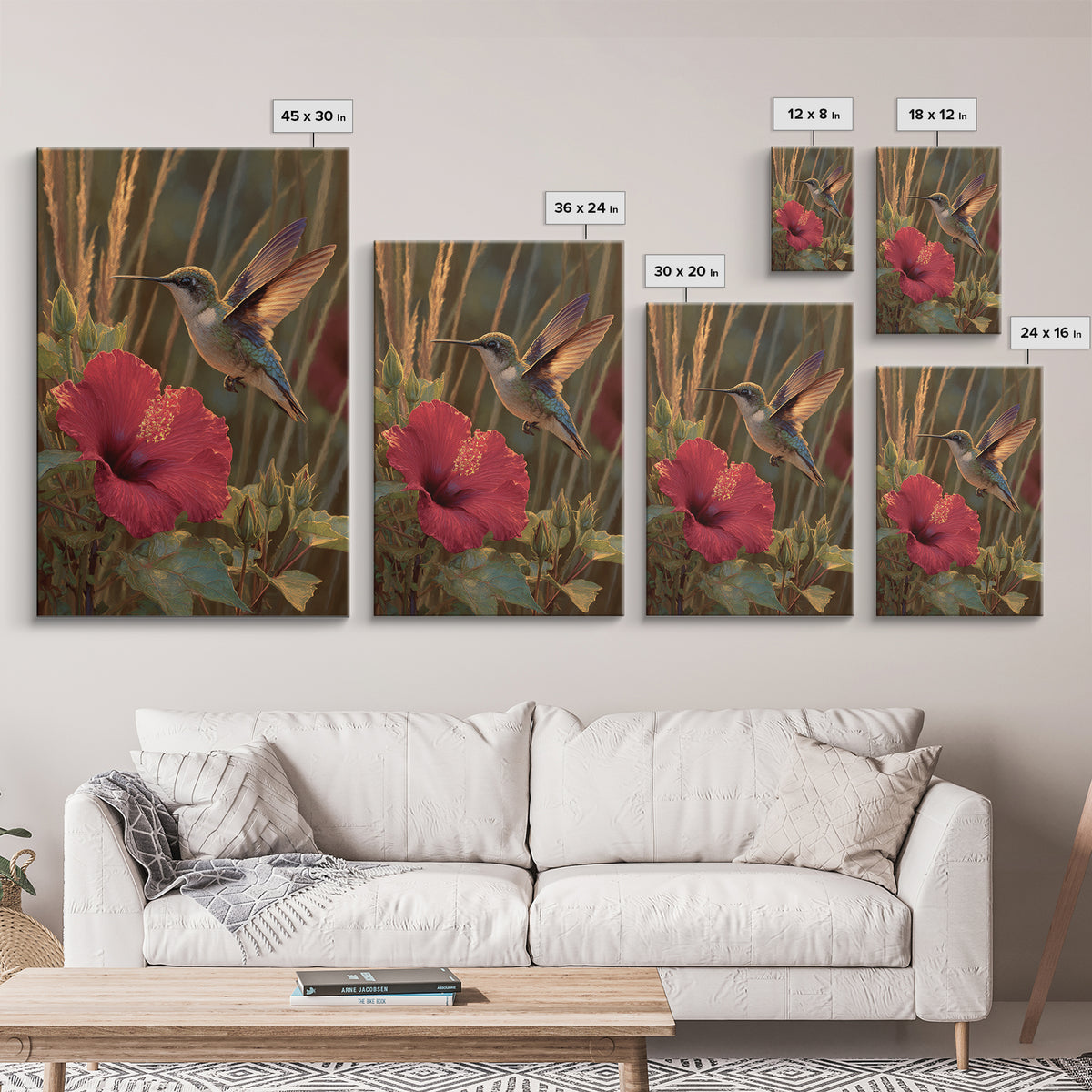 Hummingbird Hovering Beside Bright Hibiscus Framed Canvas Print, Bird Art, Nature Prints, Living Room Decor, Fine Art, Flight, BIR-2x3-84