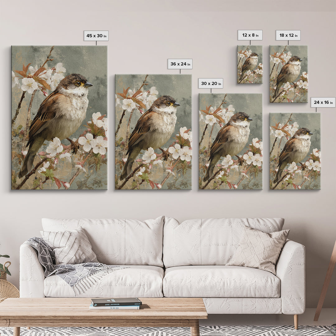 Songbird Perched on Cherry Blossoms Framed Canvas Print, Bird Art, Original Art, Living Room Decor, Fine Art, Flight, BIR-2x3-88