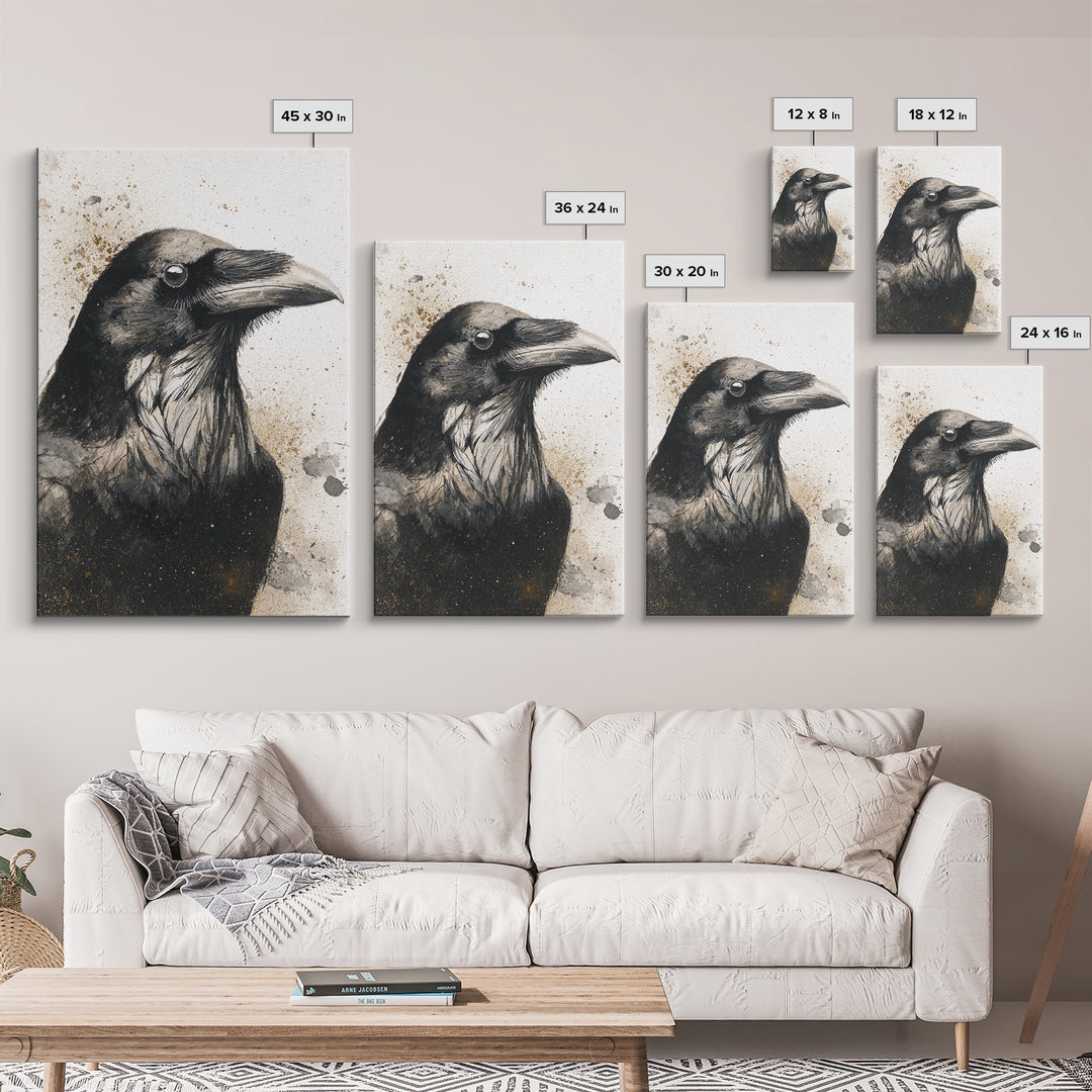 Raven Silhouette with Gothic Atmosphere Framed Canvas Print, Bird Art, Living Room Decor, Watercolor Art, Flight, BIR-2x3-89