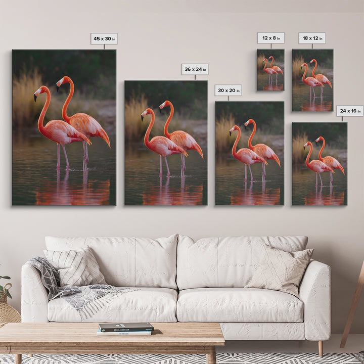 Flamingo Pair in Coral Water Reflections Framed Canvas Print, Bird Art, Original Art, Living Room Decor, Fine Art, Flight, BIR-2x3-90